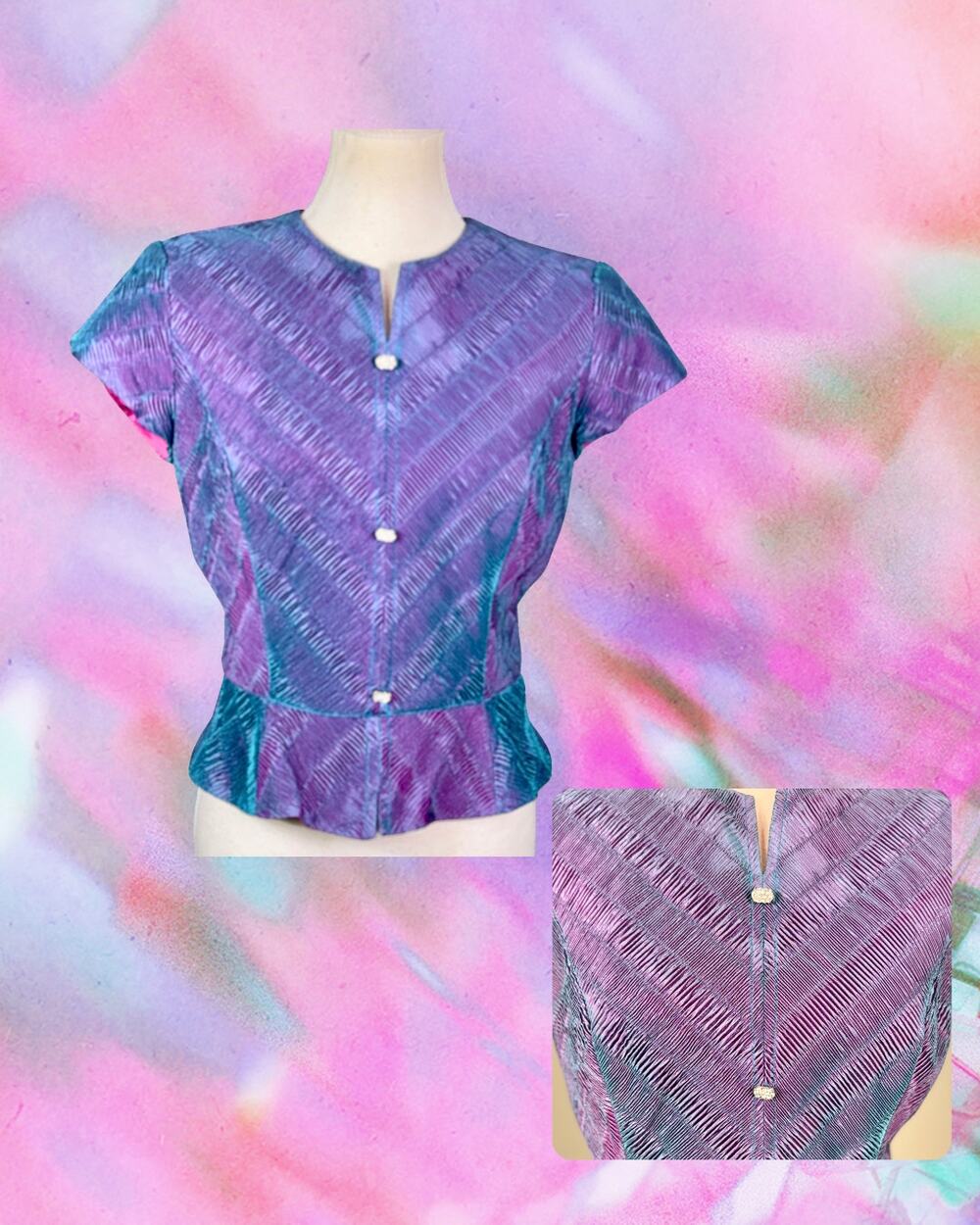 Vintage 90s Flores & Flores Purple Magenta Crop Peplum Folded Pleat Blouse 8